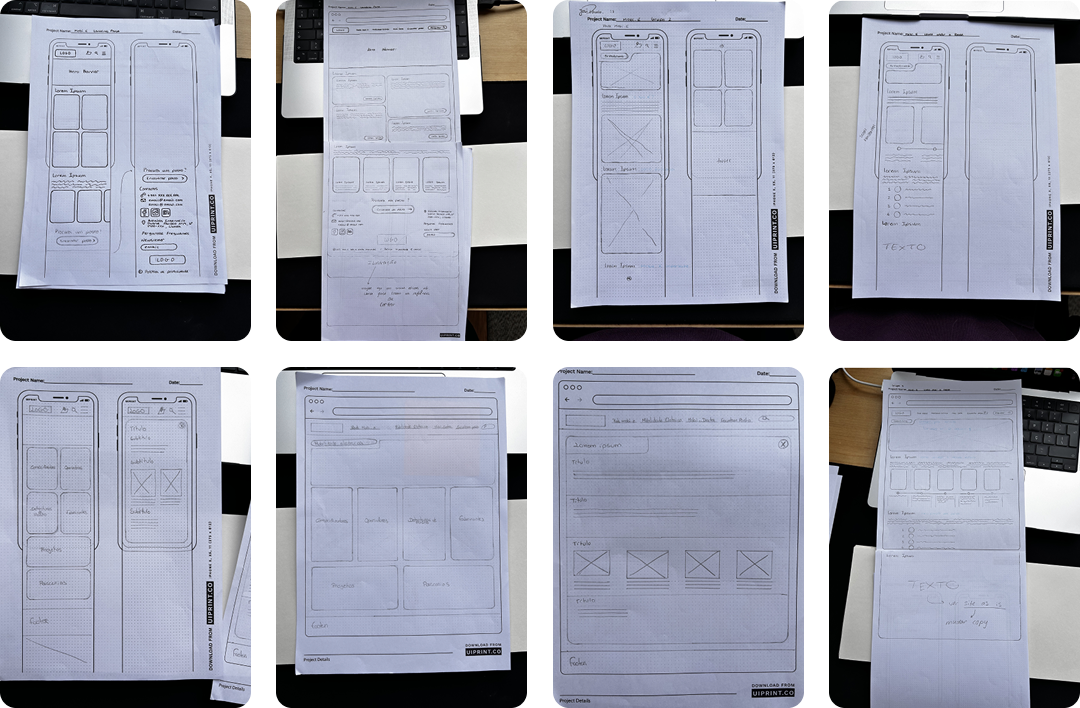 Paper wireframes showing initial design concepts